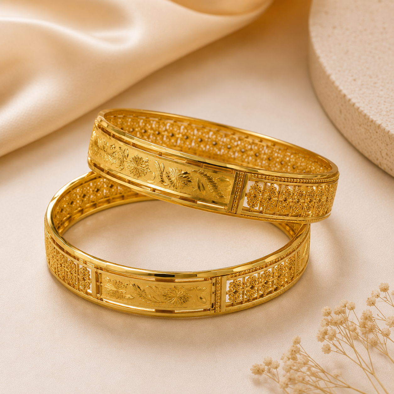 Traditional Floral Filigree 18K Gold Bangles (Set of 2)