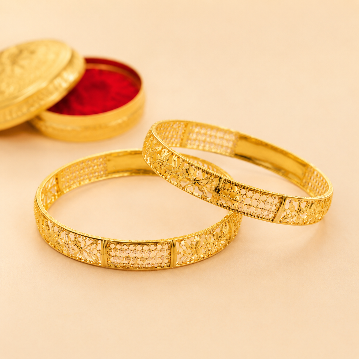 Intricate Floral & Mesh Panel 18K Gold Bangles (Set of 2)